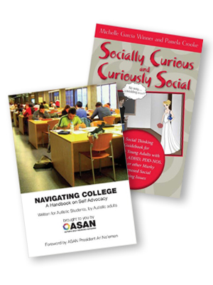Some resources that might be helpful: Navigating College: A Handbook on Self-Advocacy Written for Autistic Students from Autistic Adults published by The Autistic Self-Advocacy Network (ASAN), and Socially Curious and Curiously Social by Michelle Garcia Winner and Pamela Cooke.