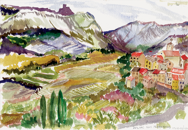 A wtercolor painting entitled by Duilhac-sous-Peyrepertuse by Peat O'Neil.