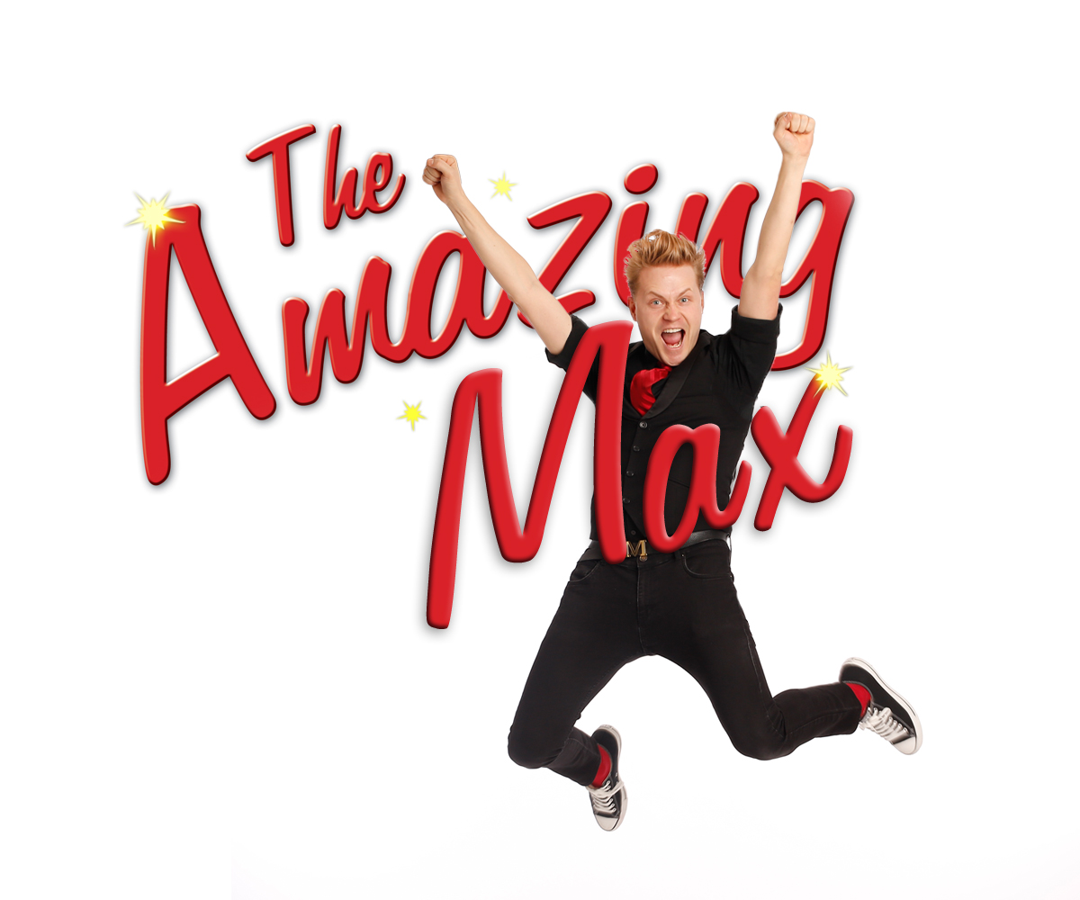 The Amazing Max jumping through text that reads "The Amazing Max". His arms are raised and his feet seems to be high off the ground with an excited look on his face.