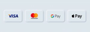 Payment system logos: Mastercard, Visa, Apple pay, Google pay