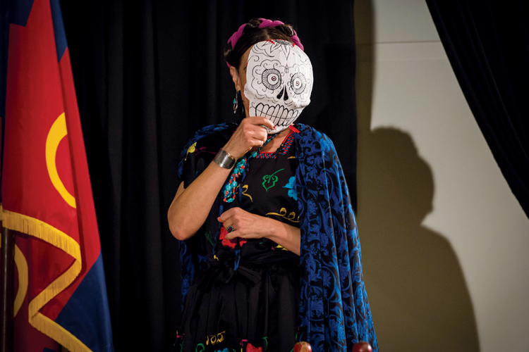 Actor Marian Licha as Frida Kahlo performs on stage at the 15th annual Chautauqua program.