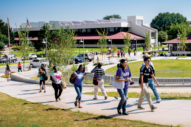 Students on the Germantown Campus walk to class on the first day of the fall semester.