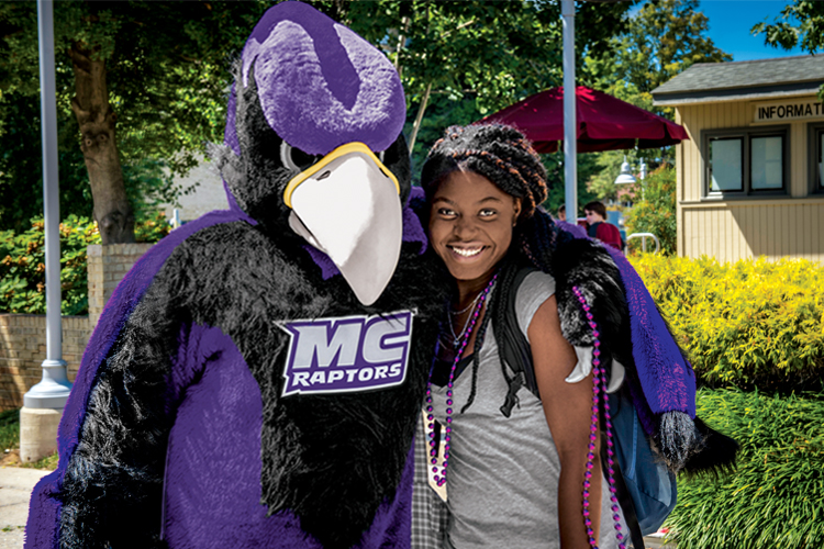 The MC Raptor welcomes a student at the start of the fall semester.