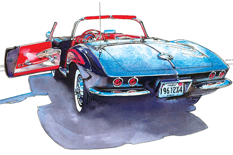 An ink and watercolor illustration by Cory Cory Correll ’77 of a Corvette Stingray.