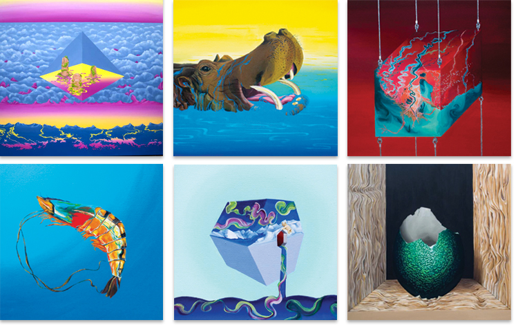 Recurring subjects in Cho’s artwork include animals and aquatic life; human anatomy and geometric shapes. Water is almost always the foundation of her compositions.