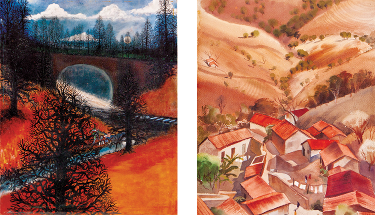 Left: William Adair, The Trestle, oil on canvas, 30 x 24 in., 1973.  Right: Mitchell Jamieson, Mexico, watercolor, 19.75 x 14.5 in., 1940.