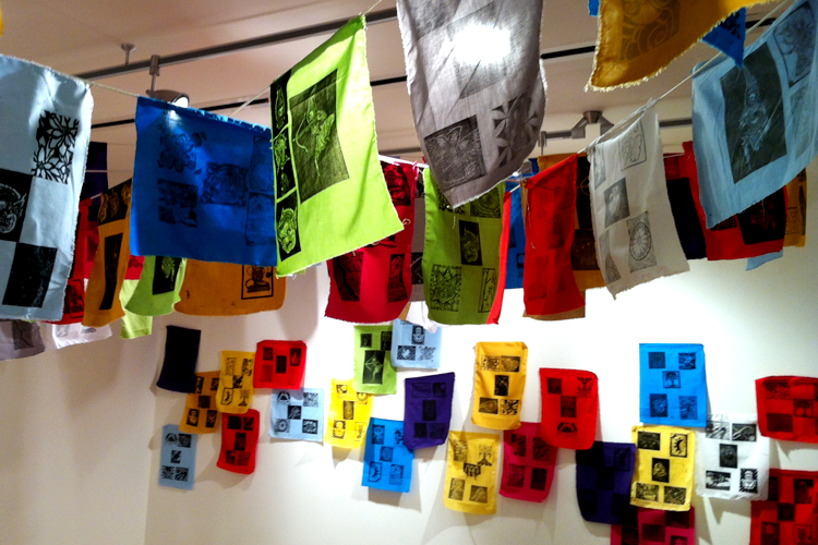 All of the printed flags were hung in the exhibition space that featured Raj Bunnag's art.