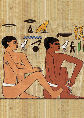 A wall painting in the tomb of Ankhmahor, also known as the “Tomb of the Physician,” that dates back to 2330 BC. One man is depicted having work done on his foot. Some are convinced that the nature of the therapy being depicted is reflexology and massage.