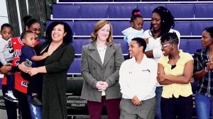Women’s basketball alumni (left to right): Shaniquewa Barnes, Porcha Davis, Melissa Weithman, LaKisha Nickens-Gaither, Angela Noel, and Tiffani Williams (back row)