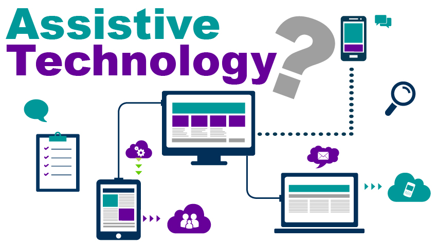 Assistive Technology? surrounded by desktop and mobile devices linked together by lines